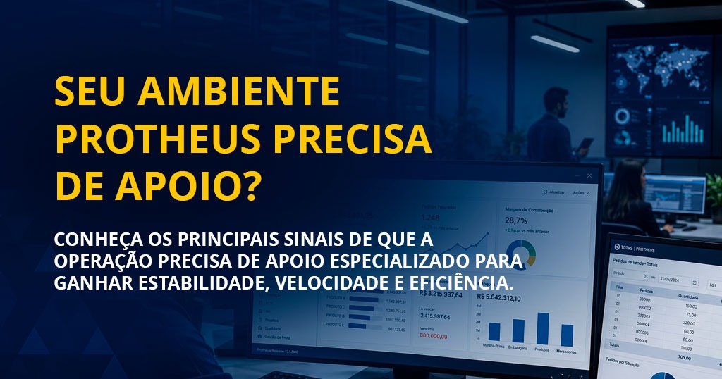 Especialista analisando a performance de um ambiente TOTVS Protheus para identificar falhas e oportunidades de otimização.